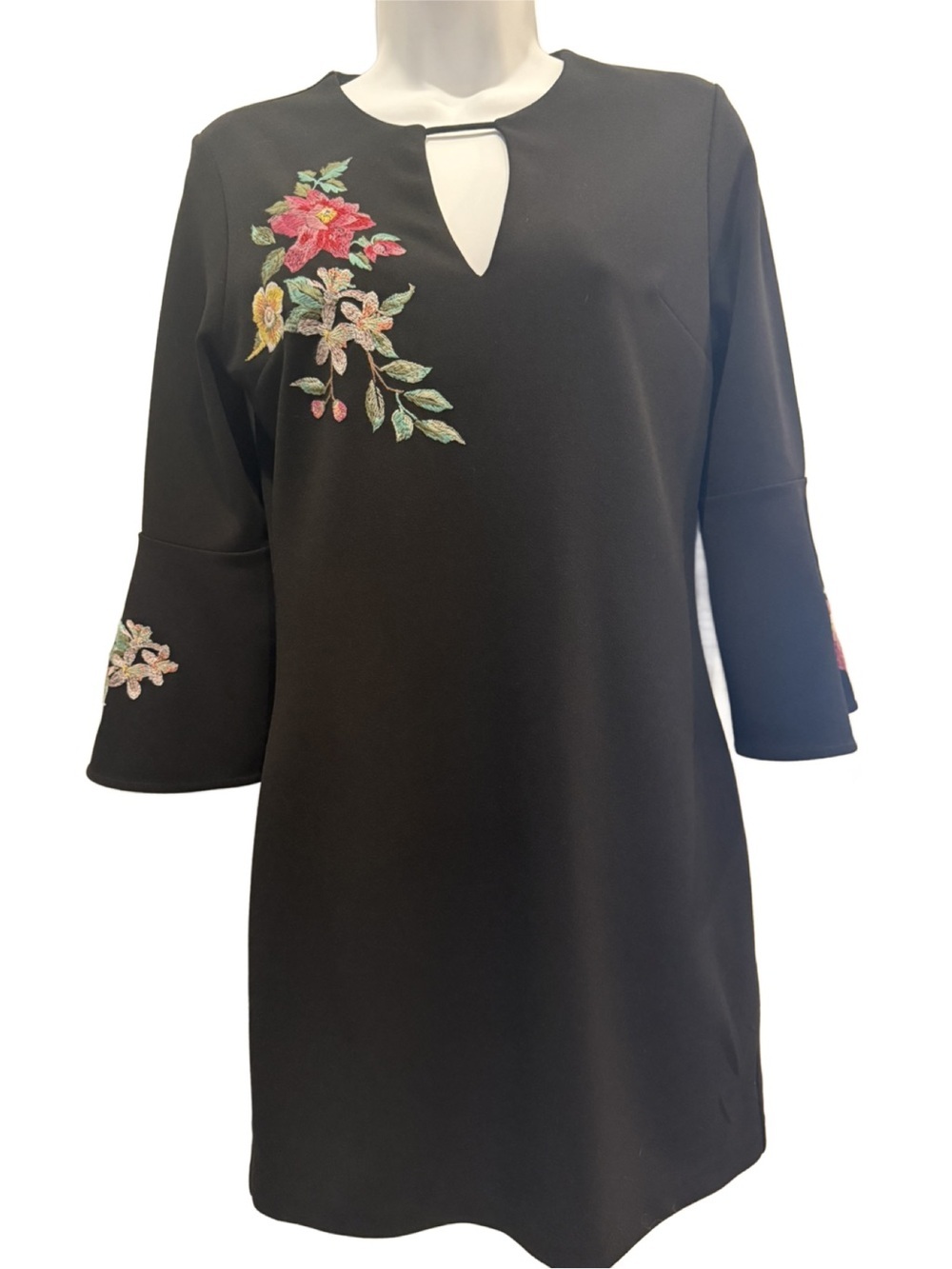Express Black Shift Dress with Pink and Yellow Floral Embroidery, XS